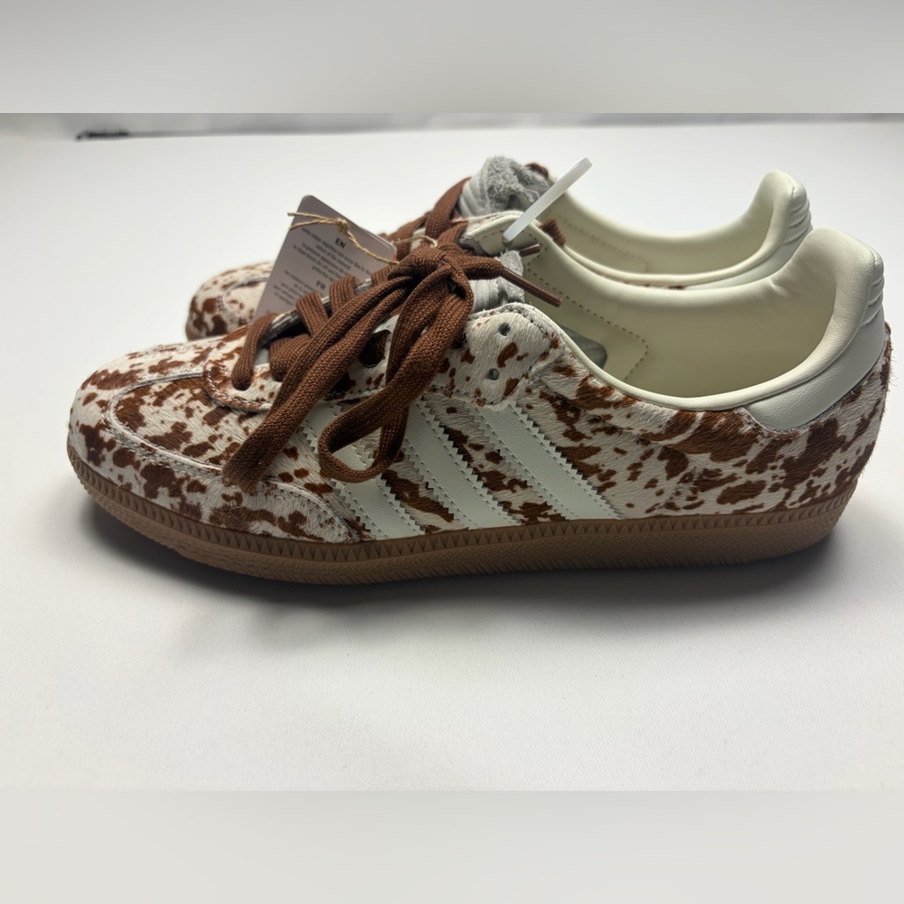 adidas Women's White and Brown Cow Print Samba Sneakers - Picture 10 of 13
